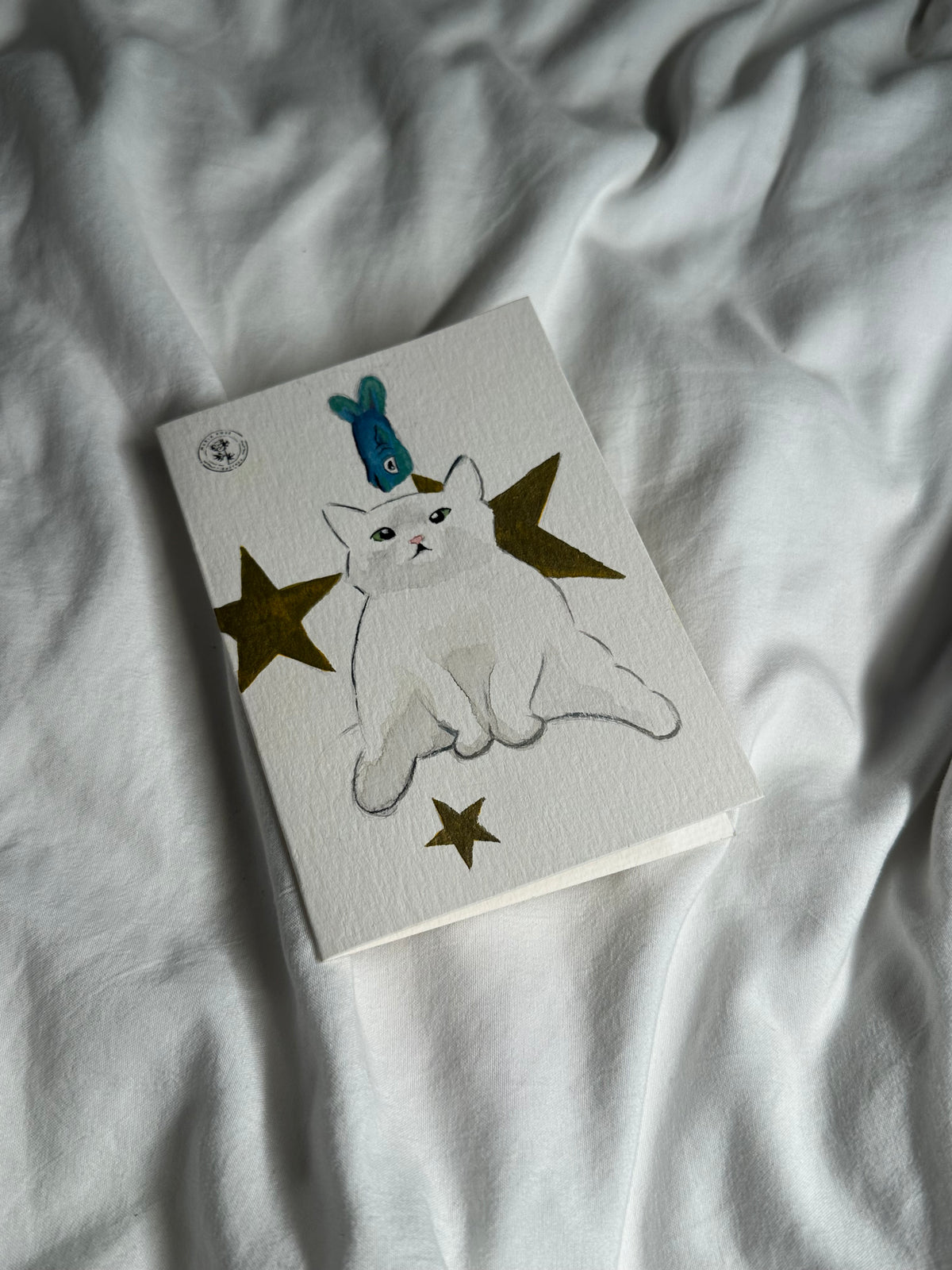 Handmade watercolor fish cat greeting card